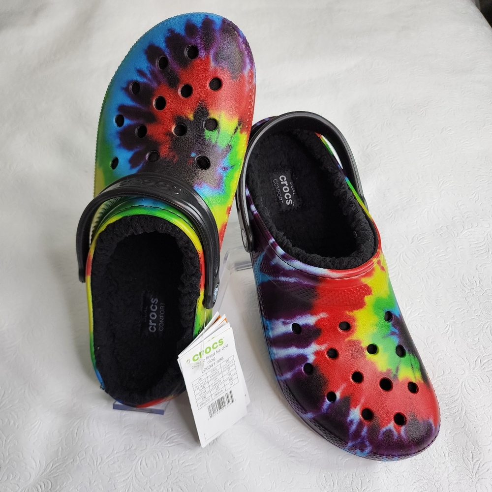 Crocs Classic Faux Fur Lined Multicolor Tie Dye Mens Size 10 Womens Size 12 NWT - Picture 3 of 10